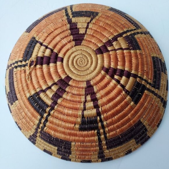 Round Ethnic Coil Handwoven Natural Grass Bowl Basket 11" Diameter 5" Deep Hang - Picture 11 of 12